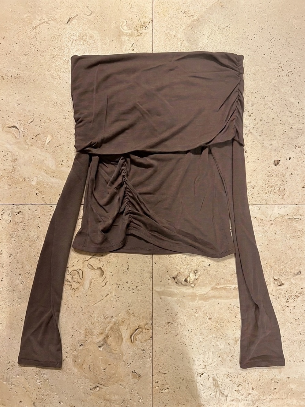 Women's Brown Ruched Off-Shoulder Long Sleeve Top - ALOHAS